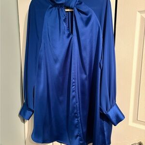 Royal Blue Satin Tie-Neck short dress or tunicwith Long Sleeves
